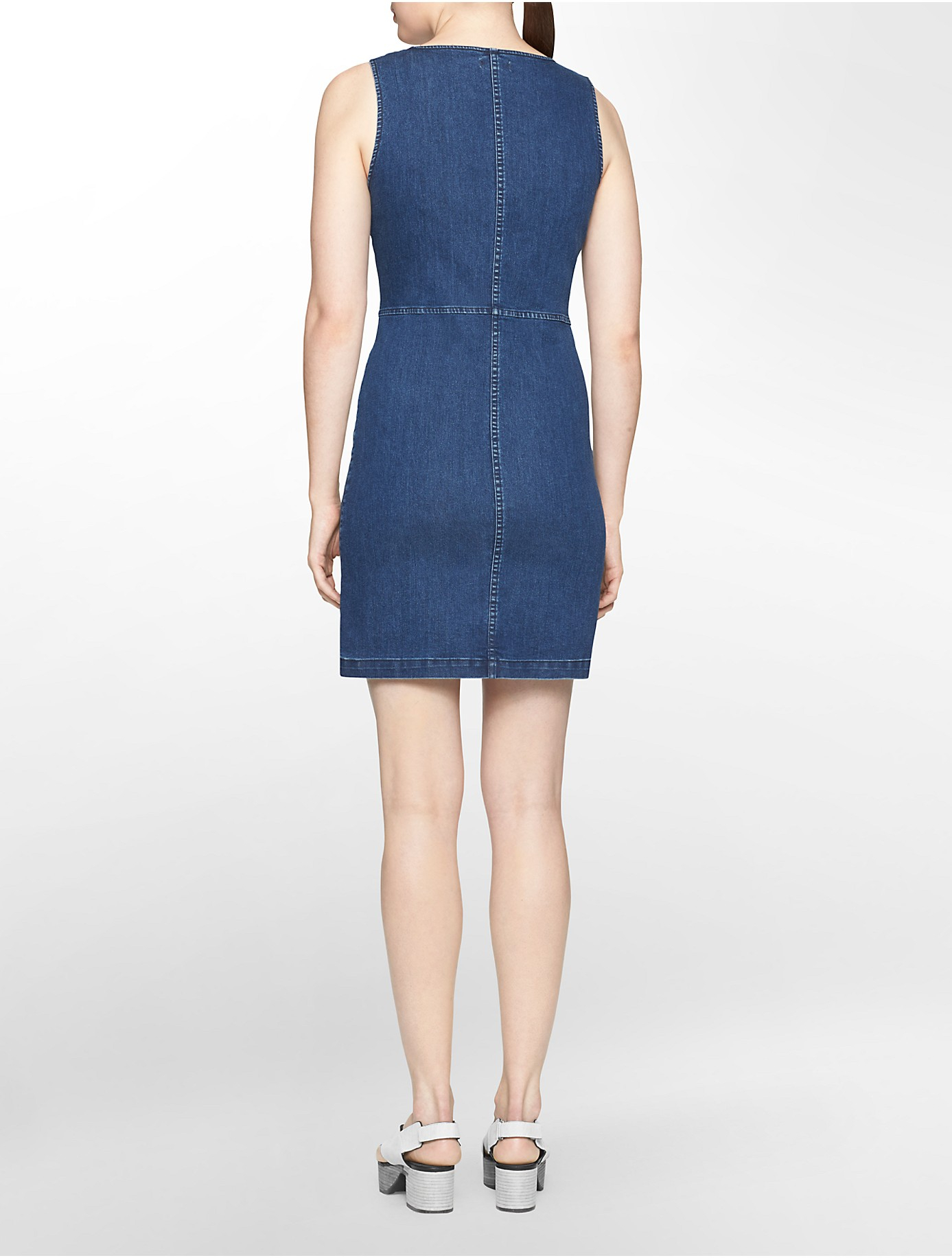 Calvin Klein Jeans Zip Front Denim Sleeveless Dress in Dark Wash (Blue
