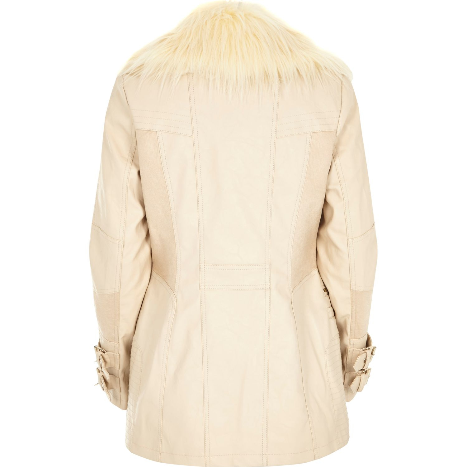River Island Cream Leather Look Faux Fur Collar Jacket In Natural Lyst Gallery