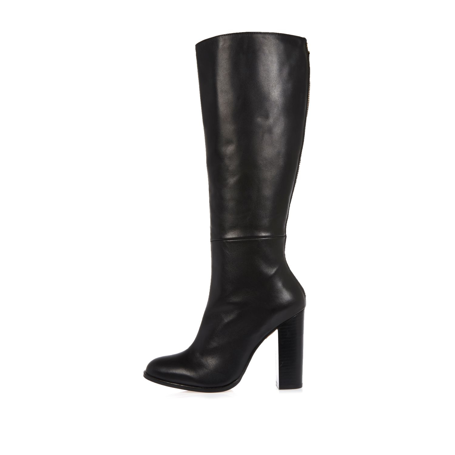 River Island Black Leather Knee High Heeled Boots - Lyst