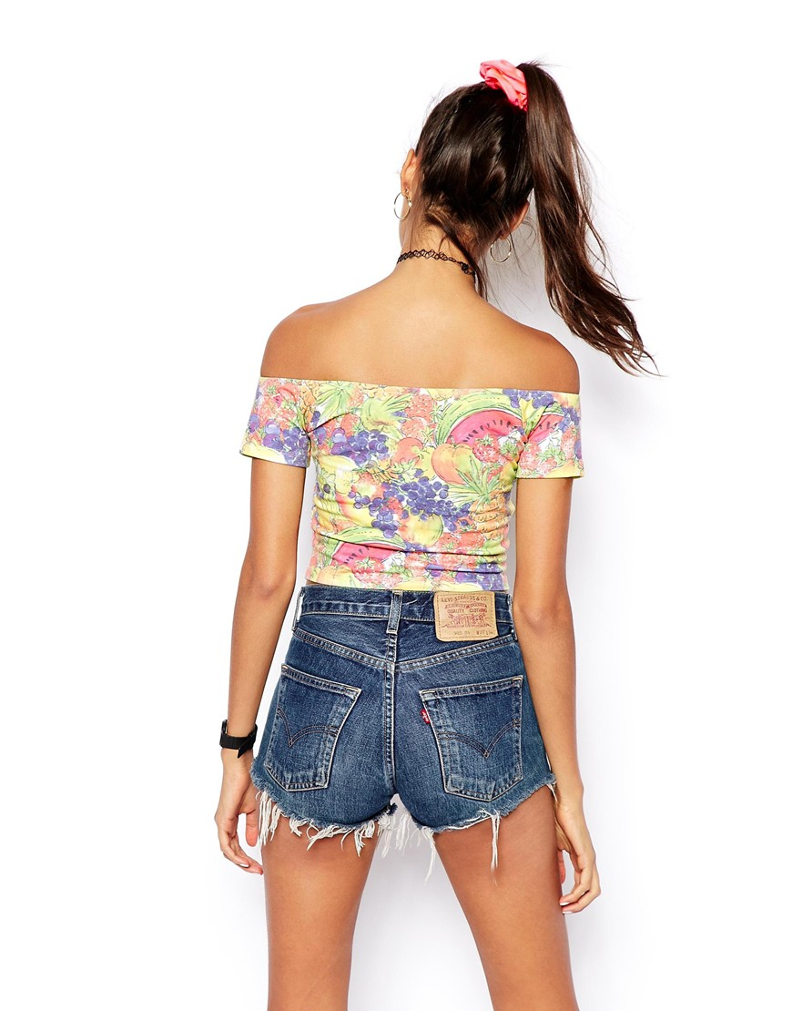 ASOS Crop Top With Bardot Sweetheart Neckline In Fruit Print Lyst