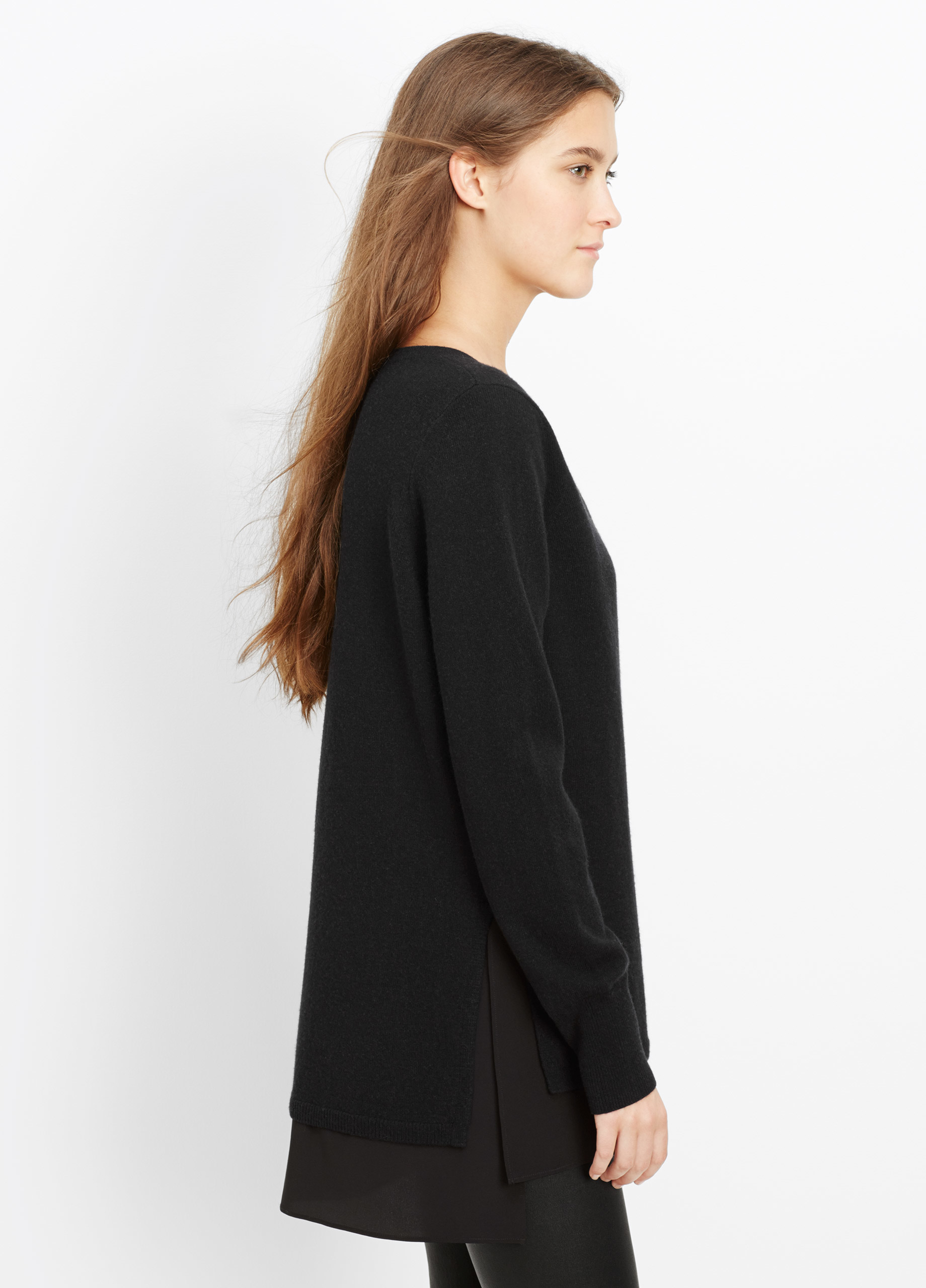 Vince Wool Cashmere Vneck Sweater With Silk Contrast in Black Lyst