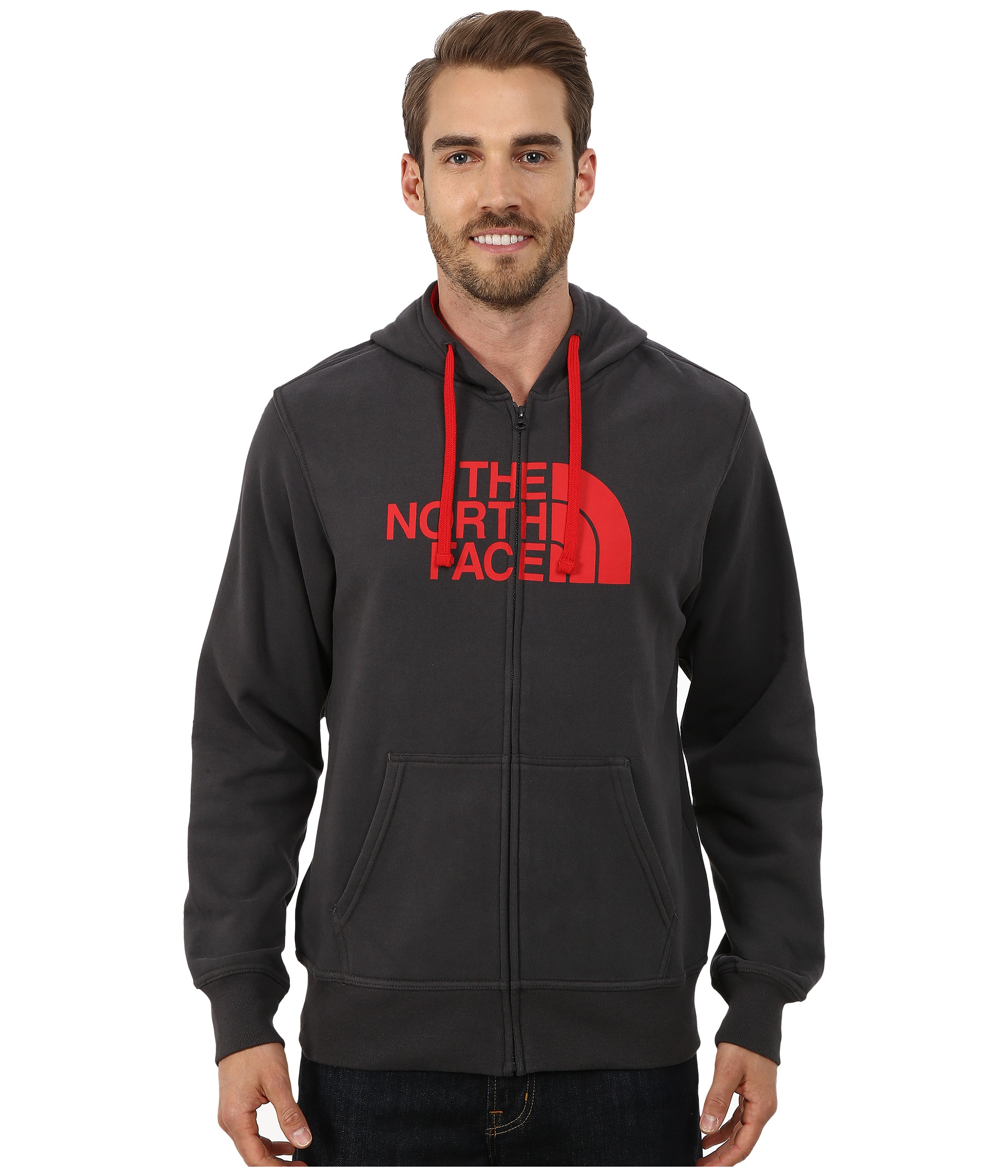 grey and red north face hoodie
