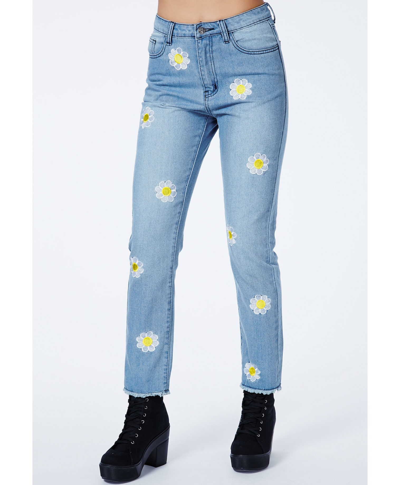 Lyst Missguided Ramune Daisy Embroidered Mom Jeans in Blue