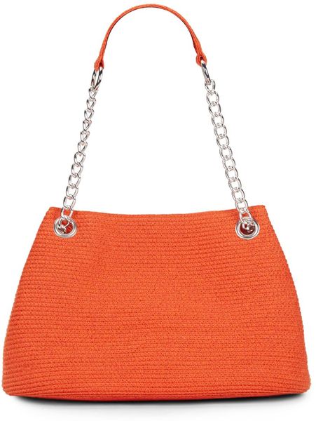 Saks Fifth Avenue Chain Handle Straw Shoulder Bag in Orange