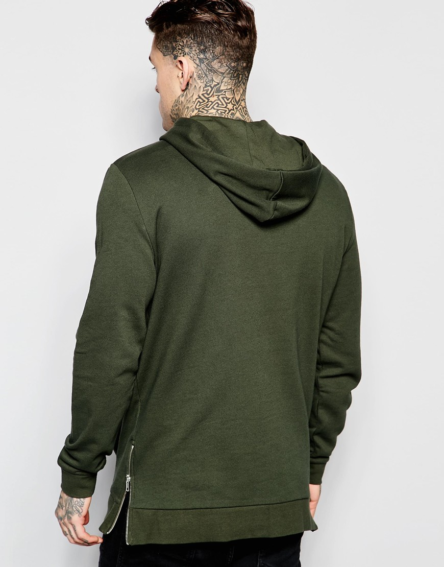 ASOS Cotton Longline Hoodie With Zips In Khaki in Green for Men - Lyst