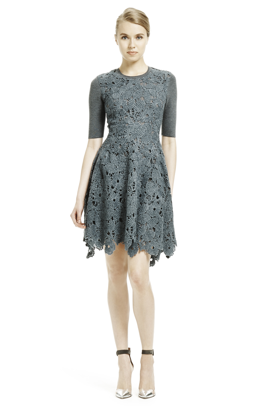 Lela Rose Lace Knitted Dress In Grey Gray Lyst Lela Rose Lace Knitted Dress In Grey
