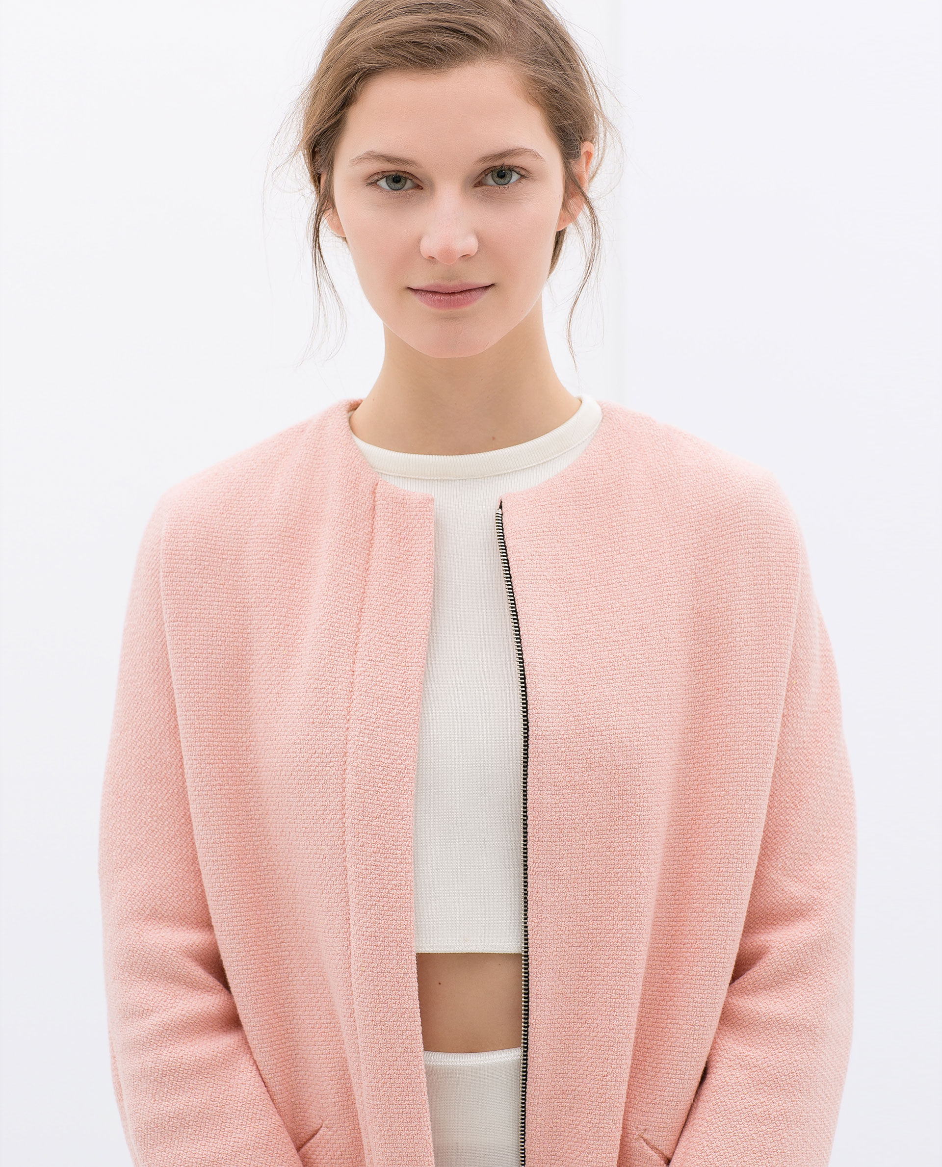 Zara Round Neck Coat with Zip in Pink Lyst