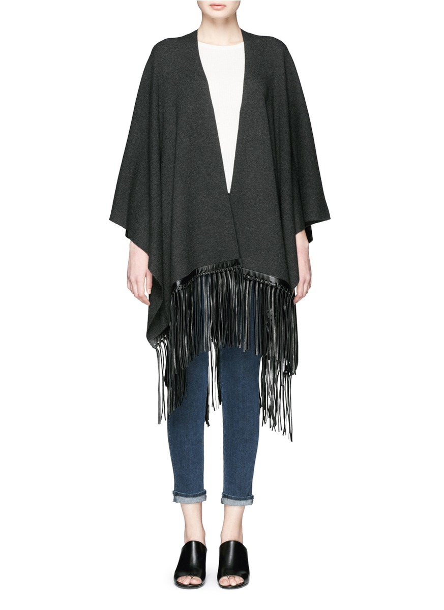 Vince Leather Fringe Wool-cashmere Knit Poncho in Gray | Lyst