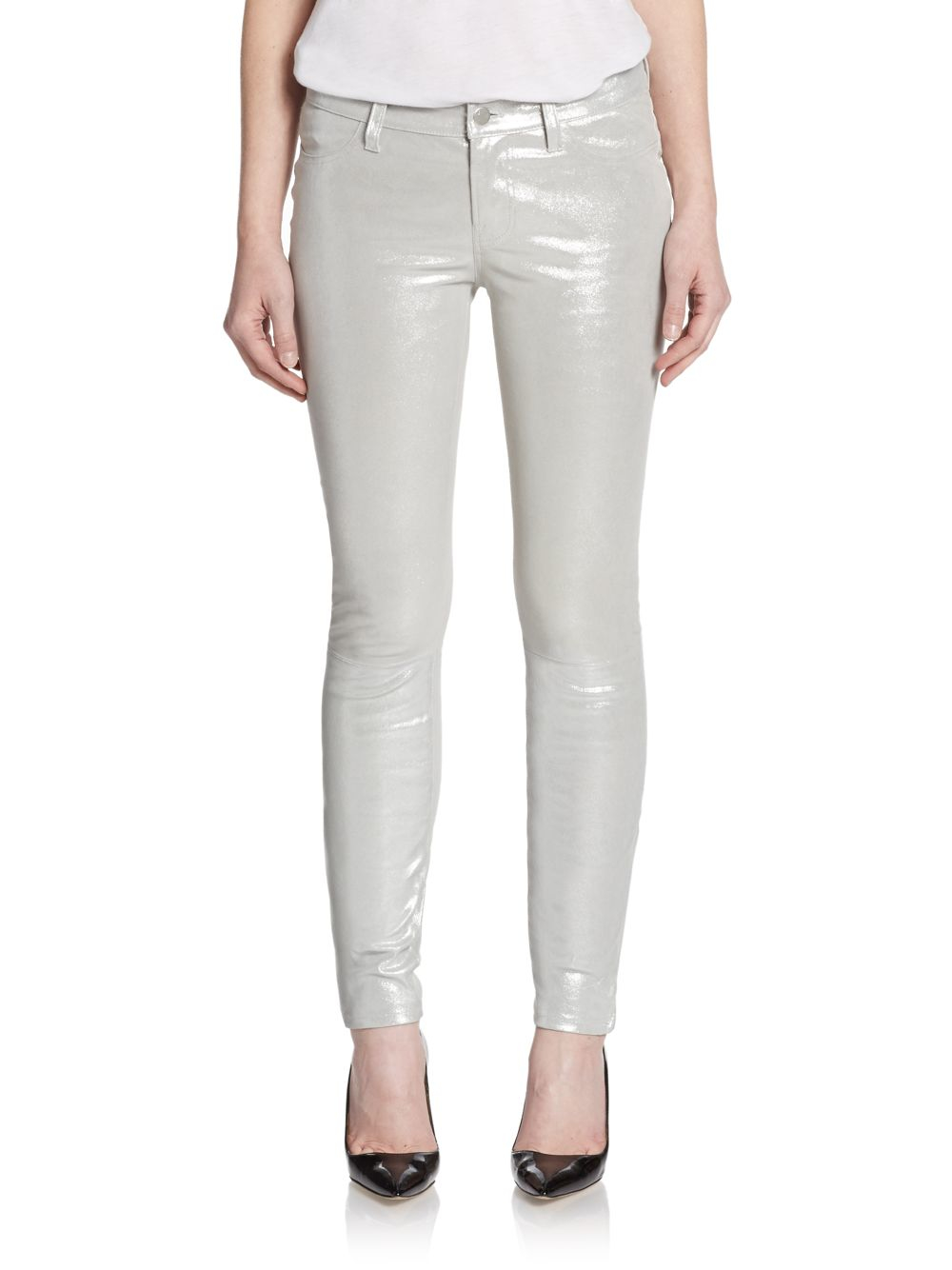 J Brand Silver Crystal Metallic Leather Skinny Jeans - Lyst