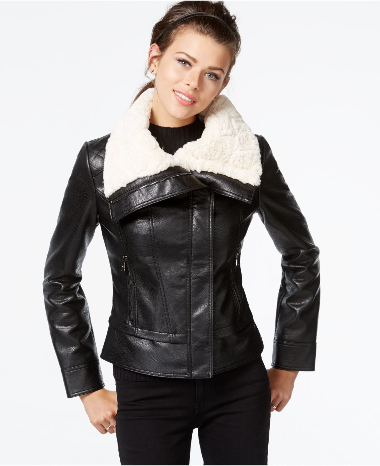 Guess Faux-fur-collar Faux-leather Jacket in Black - Lyst