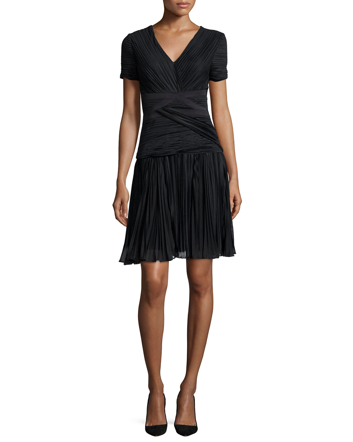 Halston Shortsleeve Plisse Cocktail Dress in Black Lyst
