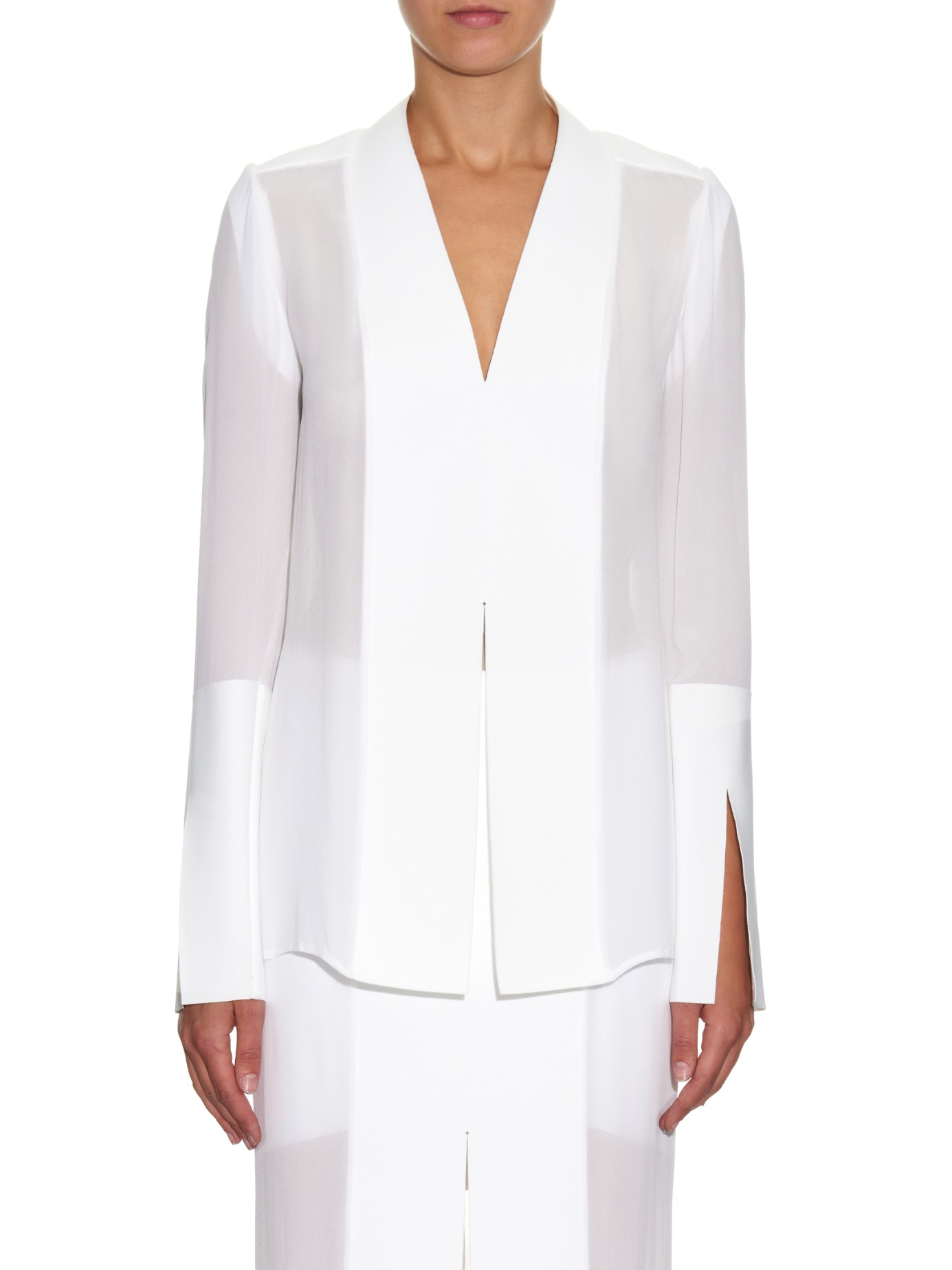 Contrast-Panel V-Neck Silk Shirt 