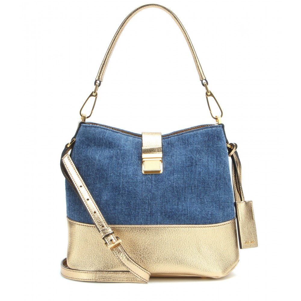 Miu miu Metallic-Leather and Denim Bucket Bag in Blue | Lyst