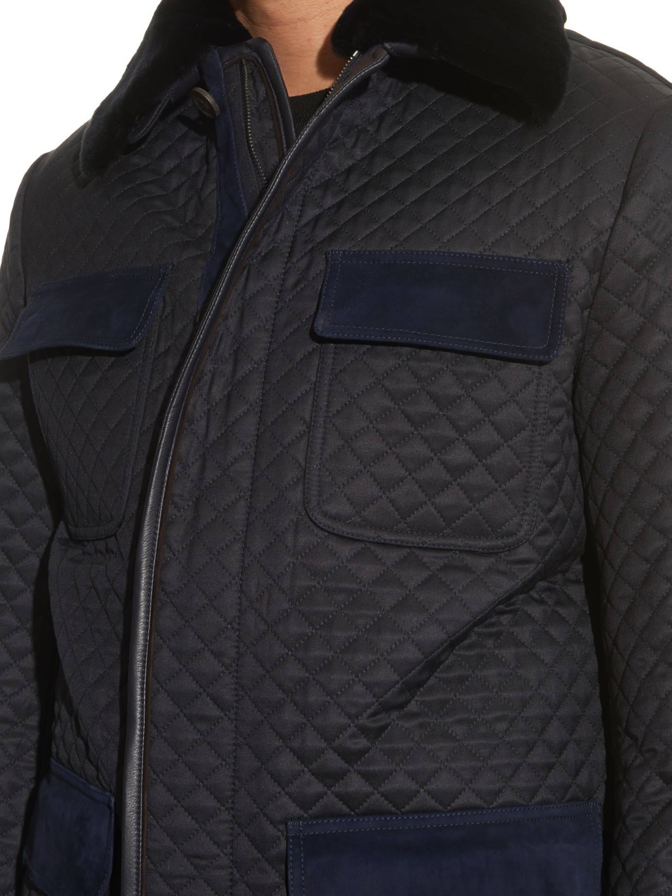 Brioni Mink Fur Collar Quilted Field Jacket In Blue For Men Lyst Gallery