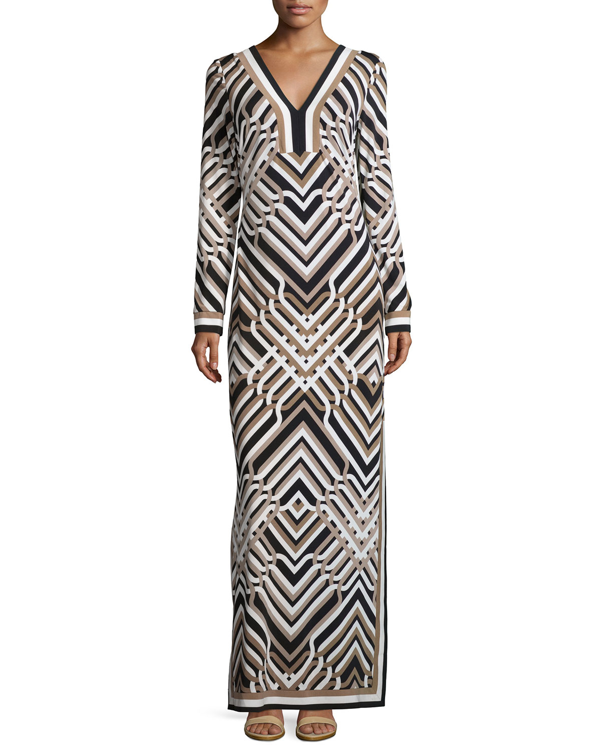 Lyst - Trina Turk Long-sleeve Geometric-print Maxi Dress in Black