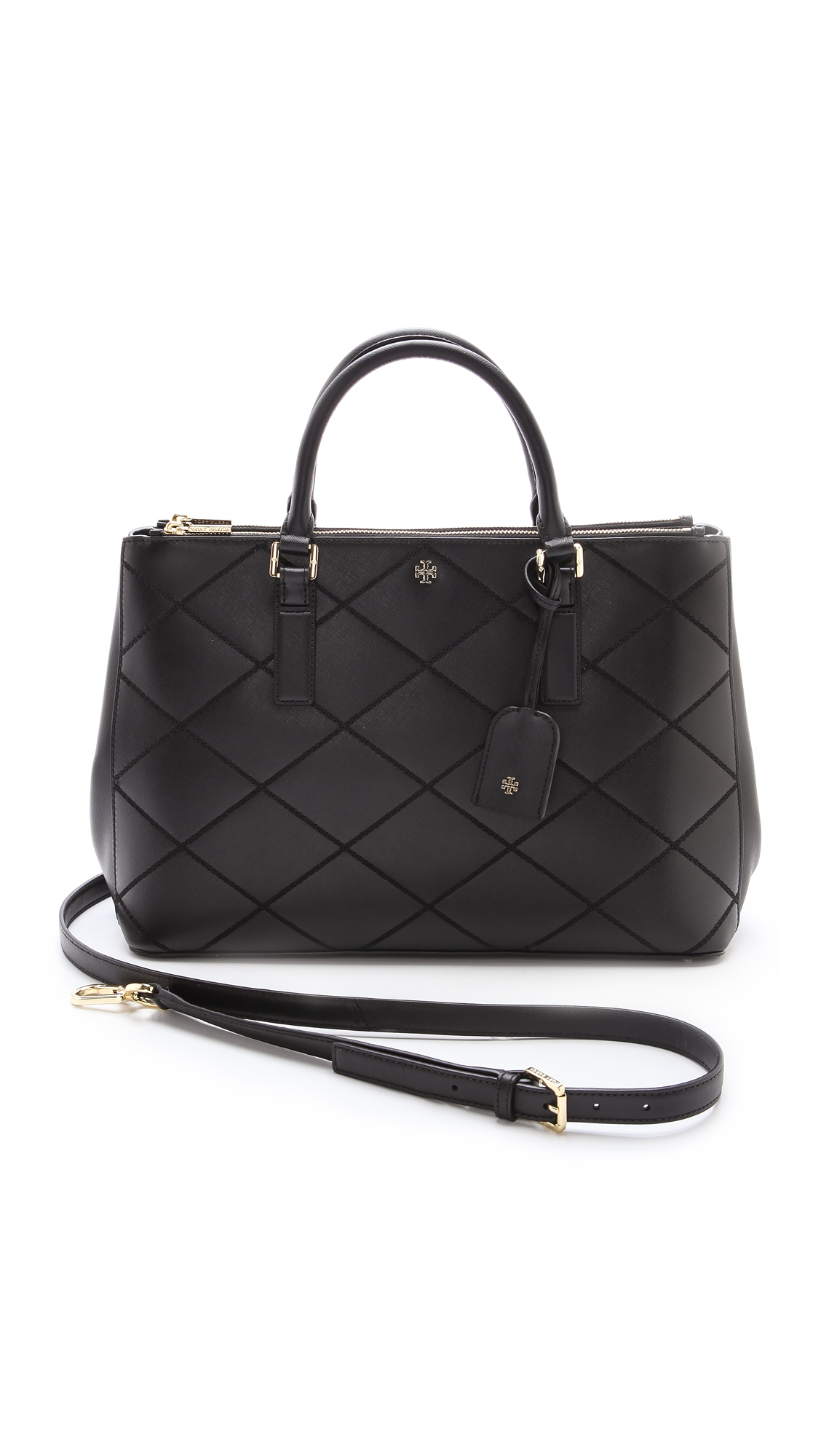 Tory Burch Robinson Stitched Double Zip Tote Black | Lyst