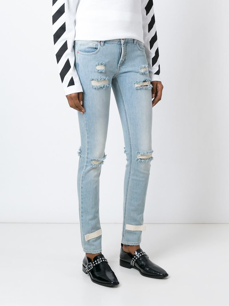 Off-white c/o virgil abloh Distressed Skinny Jeans in Blue | Lyst