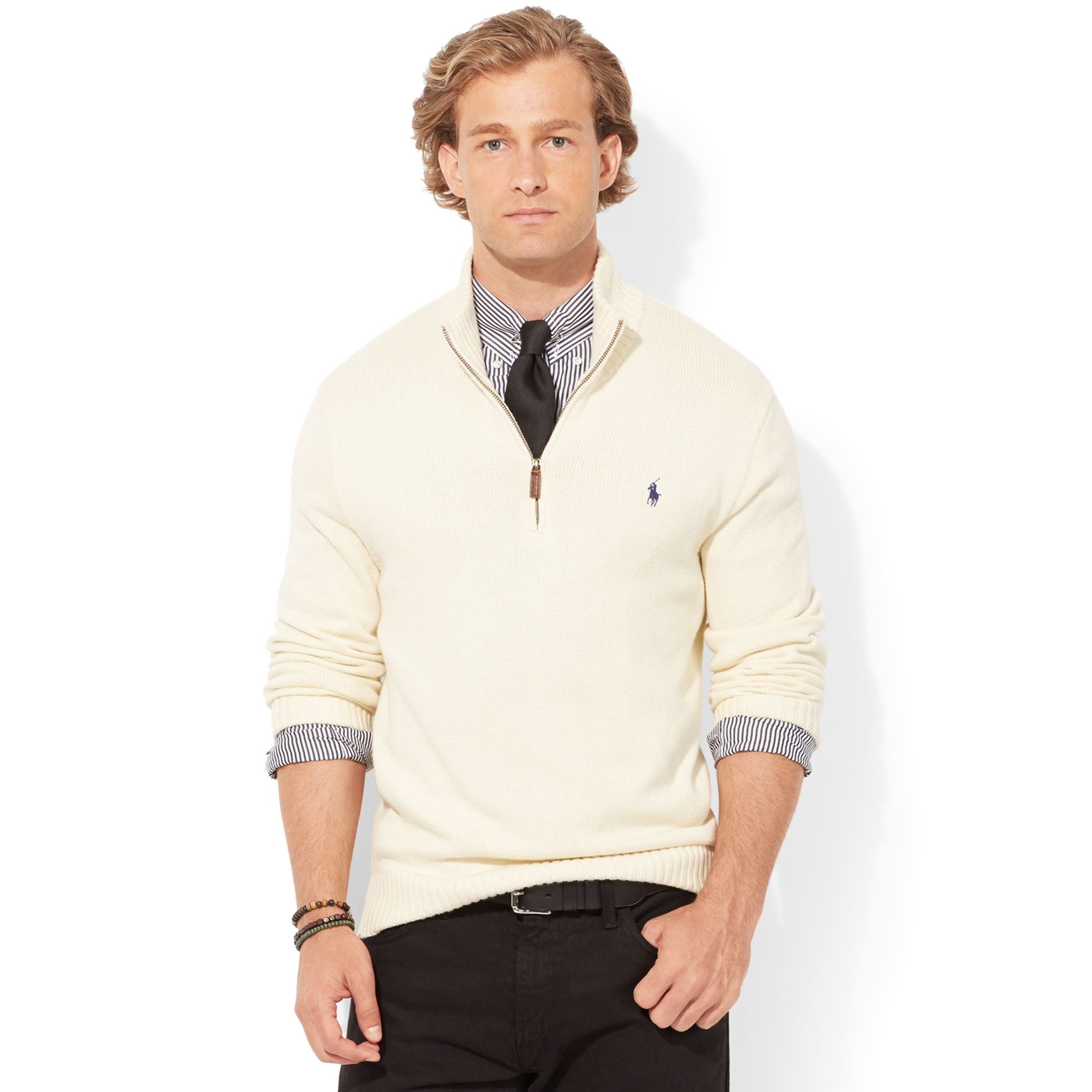 Polo Ralph Lauren | Beige High-Twist Cotton Half-Zip Mockneck Sweater ...