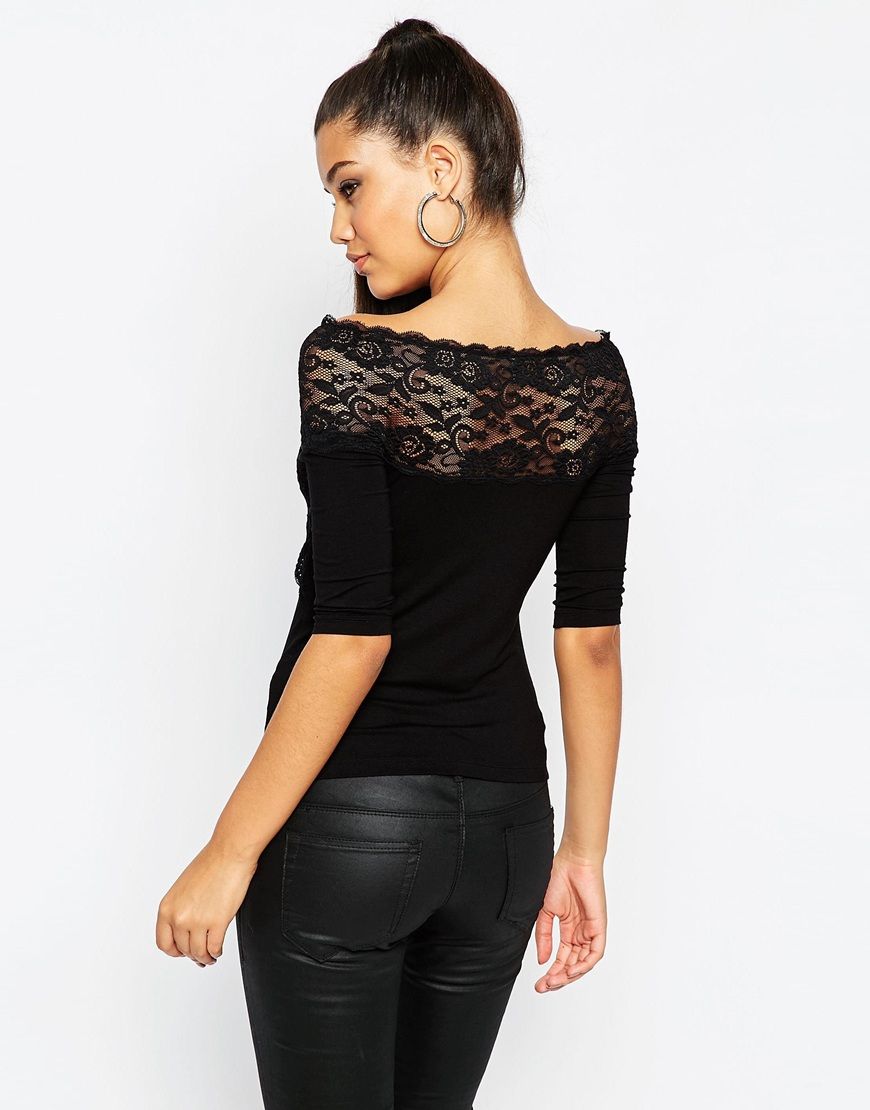 Lyst - Asos Off Shoulder Top With Wrap Lace Trim in Black