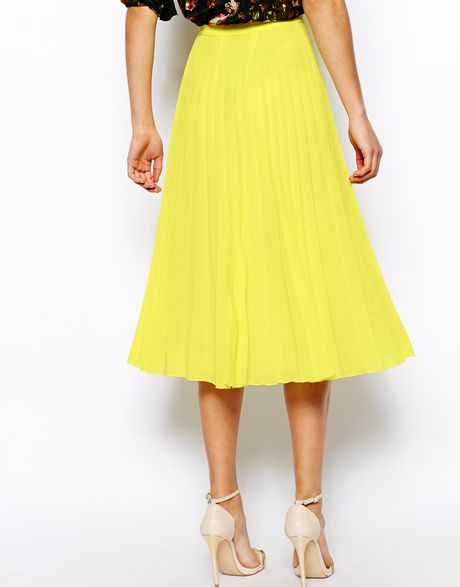 Asos Pleated Midi Skirt in Yellow (multi) | Lyst