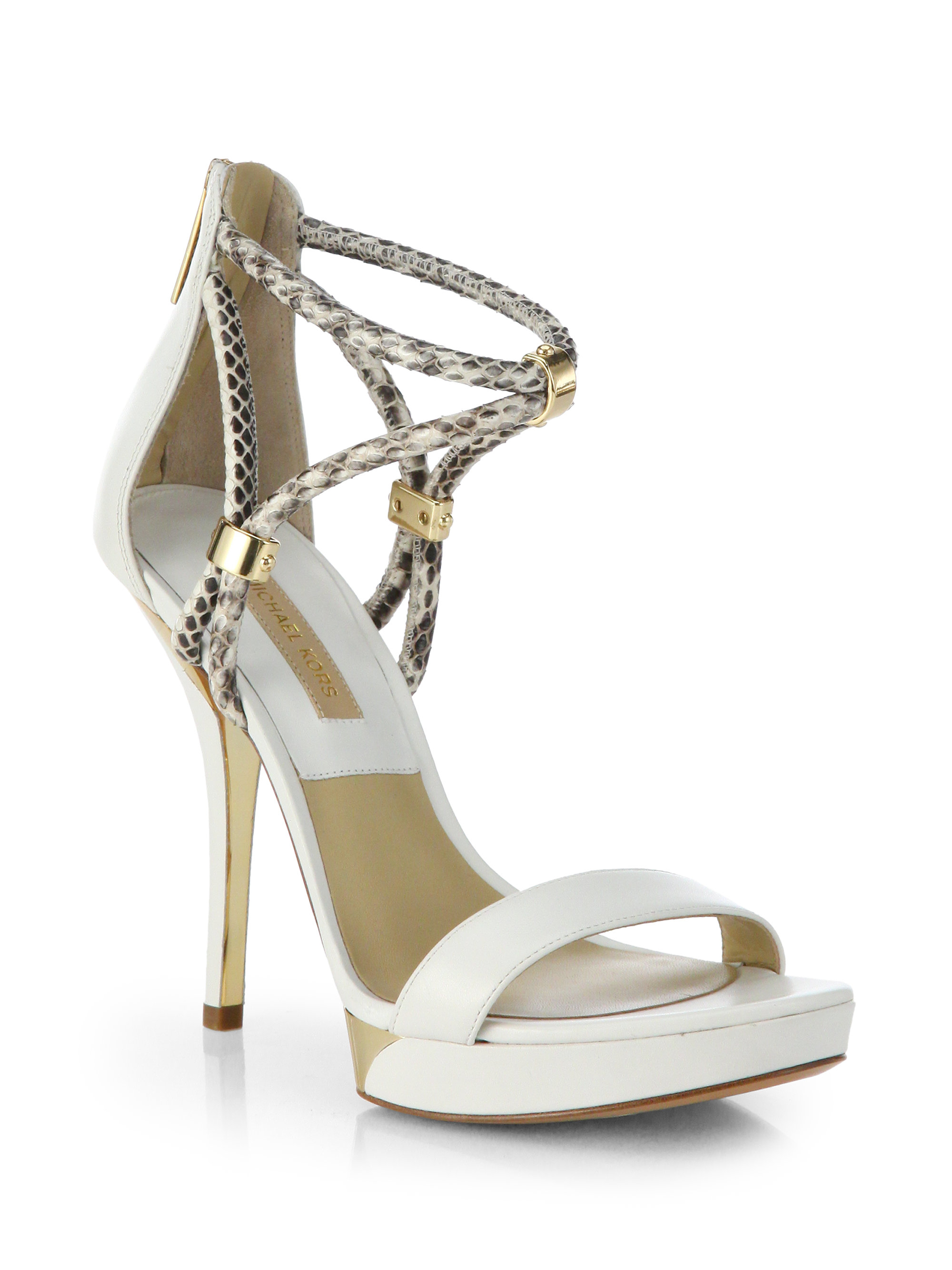 Lyst - Michael Kors Fariha Leather Snakeskin Platform Sandals in White