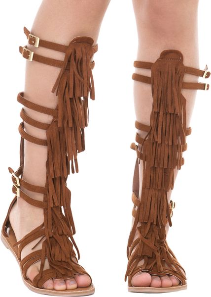 Akira Strappy Knee High Dark Rust Fringe Gladiator Sandals in Brown ...