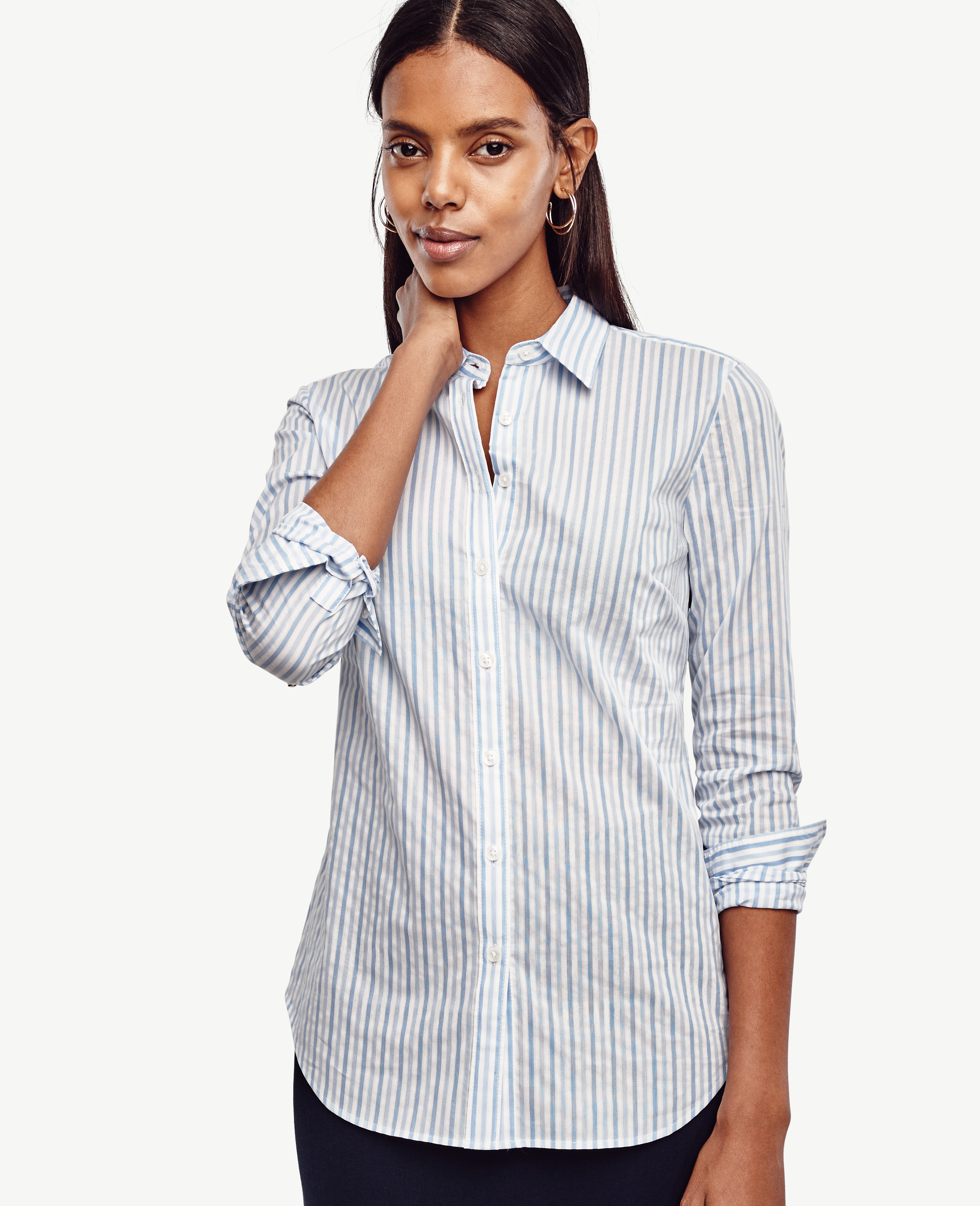 Ann taylor Striped Perfect Shirt in White | Lyst