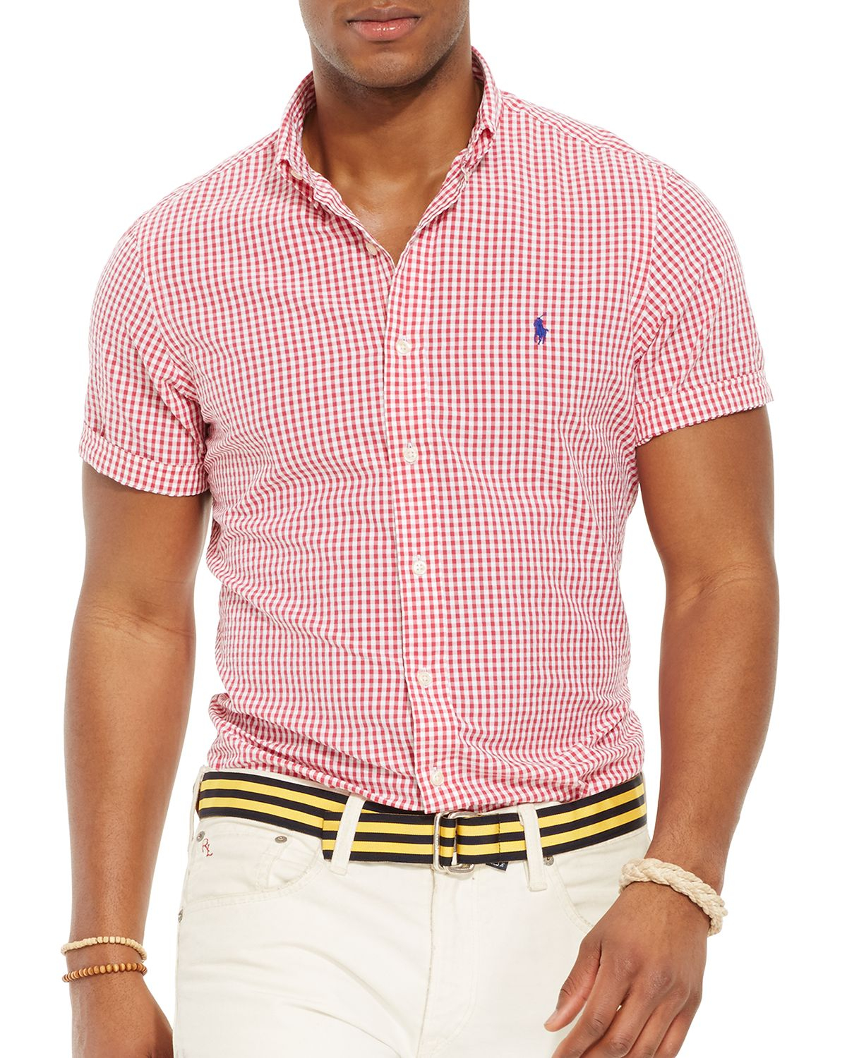 Ralph Lauren Polo Short Sleeved Striped Seersucker Button Down Shirt -  Classic Fit in Red for Men | Lyst