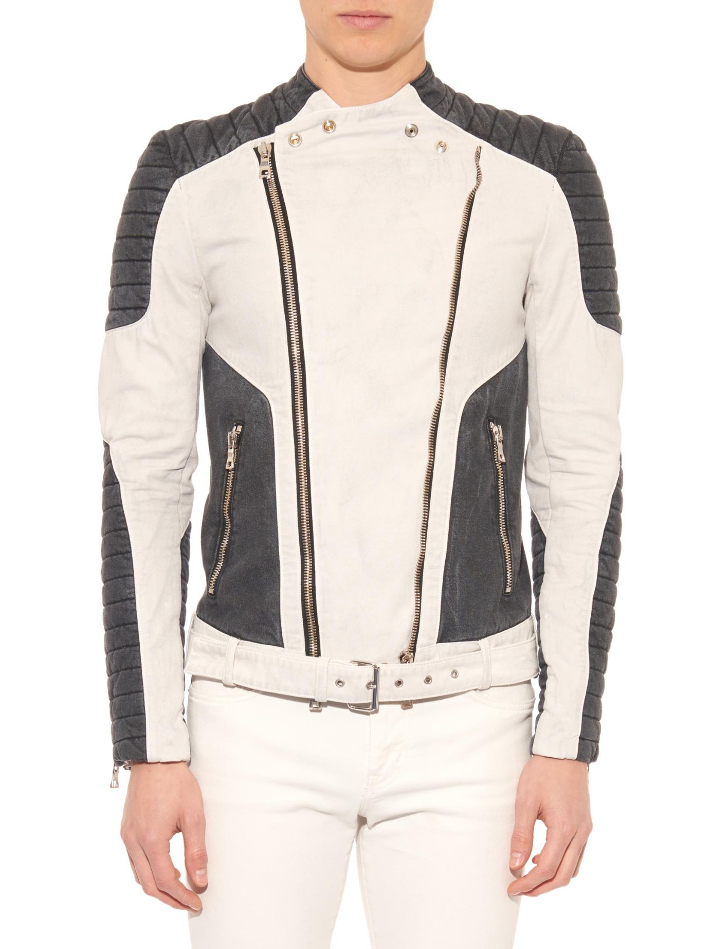 Balmain Bi-Colour Cotton Biker Jacket in White Black (White) for Men | Lyst