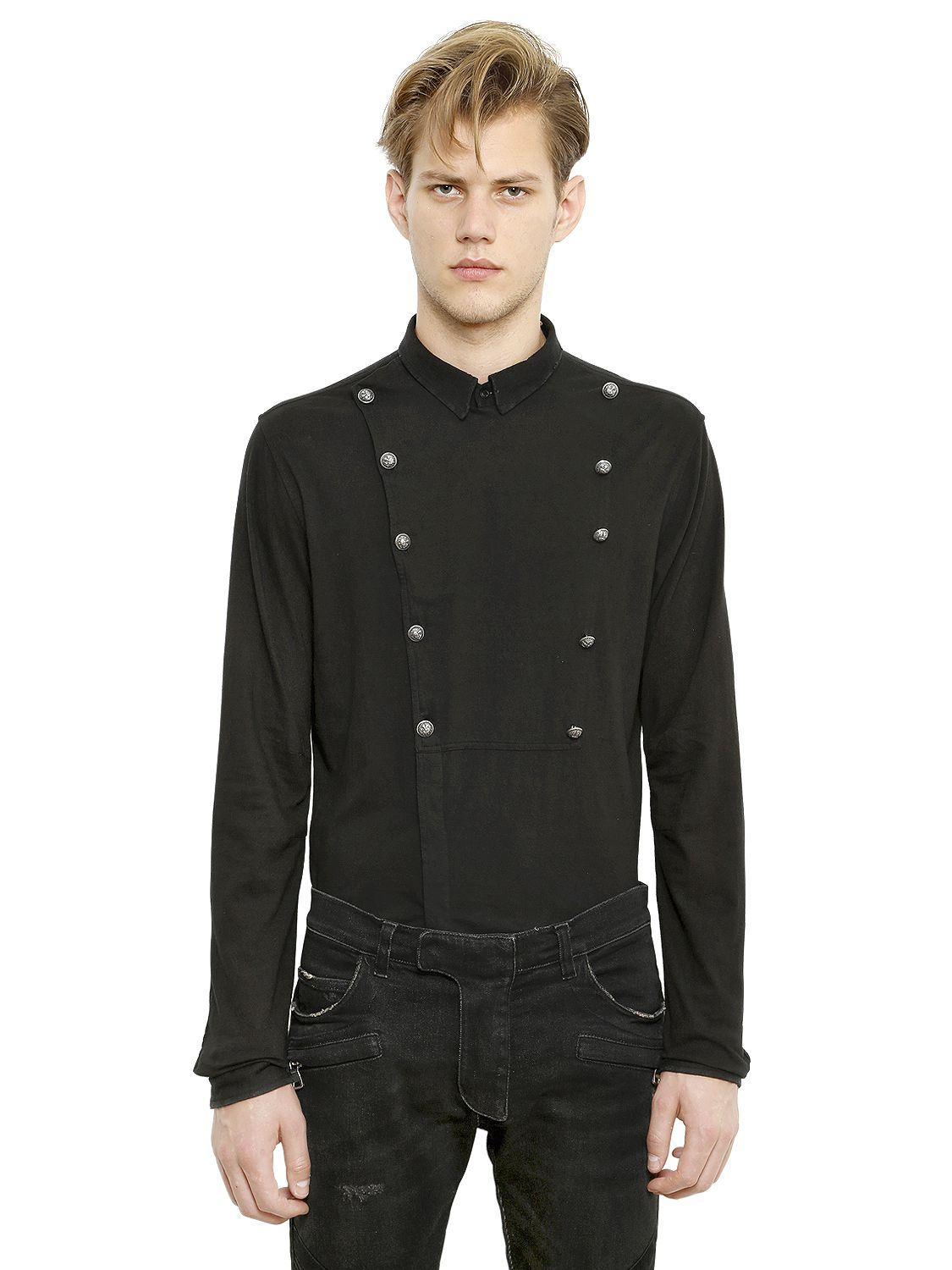 Balmain Double Breasted Cotton Jersey Shirt in Black for Men | Lyst UK
