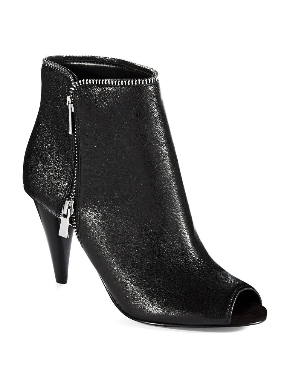 peep toe black leather booties