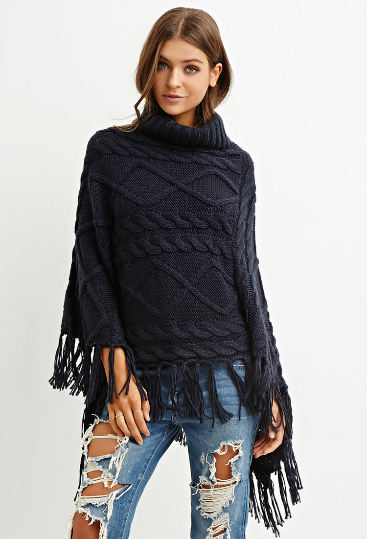 Forever 21 Cable Knit Turtleneck Poncho in Blue | Lyst