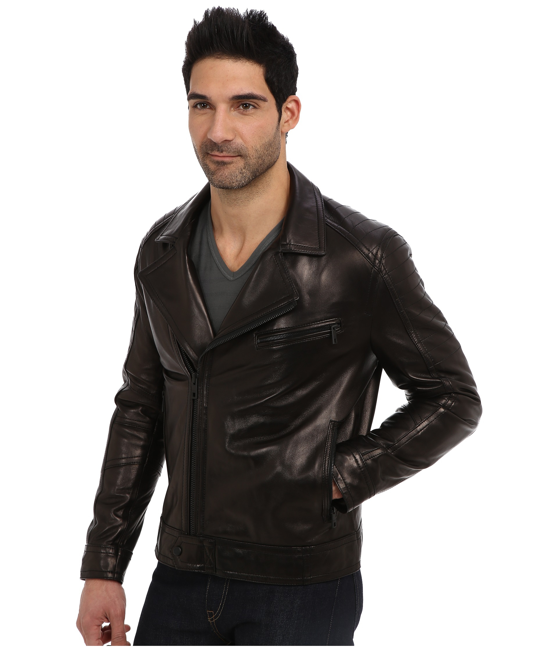 Andrew Marc Black Brayden Italian Luxe Lamb Asymmetrical Moto Jacket For Men