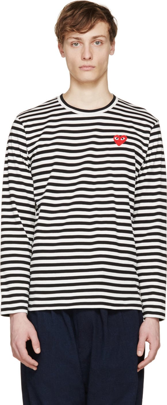 Play comme des garçons Black And White Striped Logo T_shirt in Black