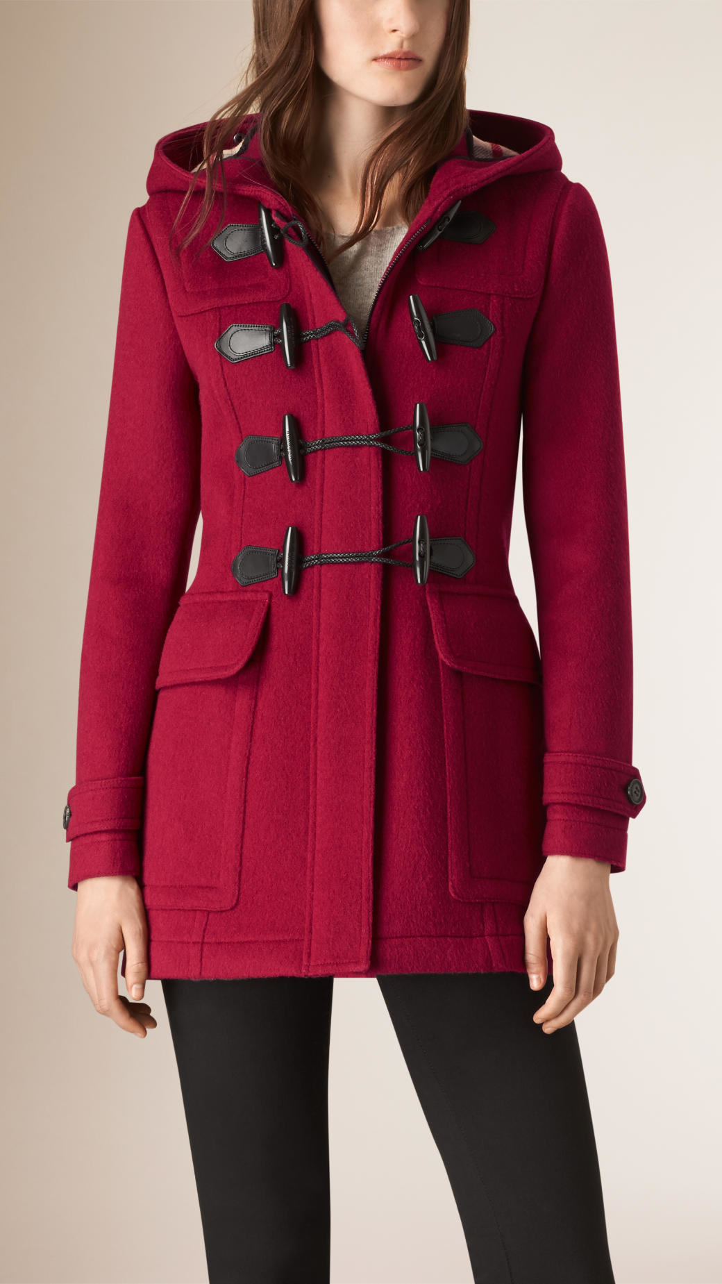 Fitted Wool Duffle Coat in Claret Pink 