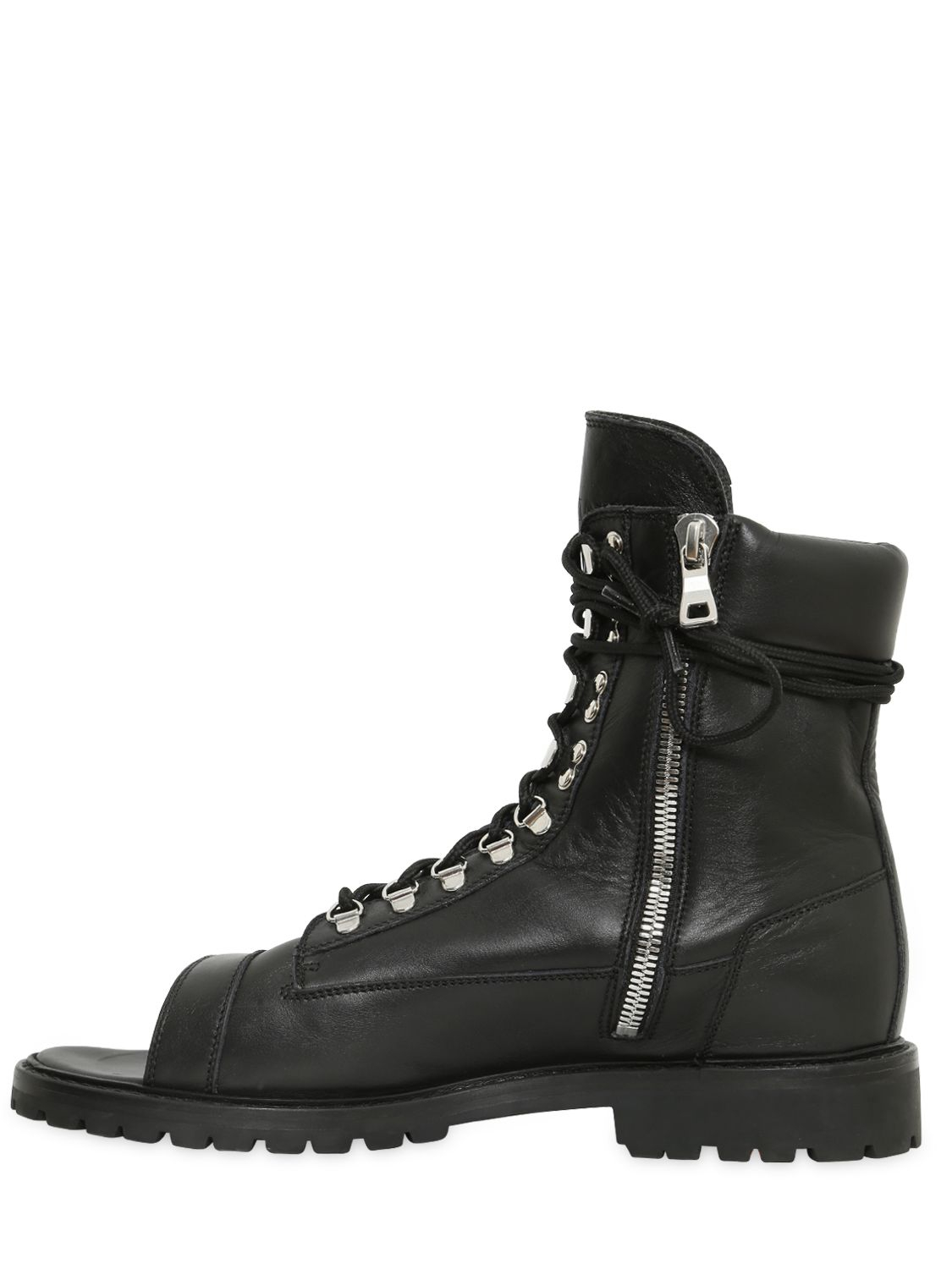 Balmain Open Toe Leather Combat Boots in Black | Lyst