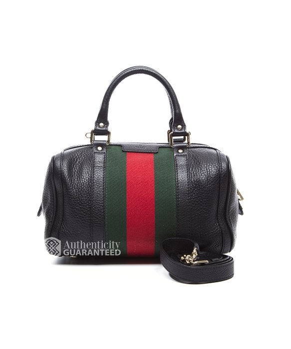 Gucci Pre-Owned Black Leather Vintage Web Boston Bag in Black | Lyst