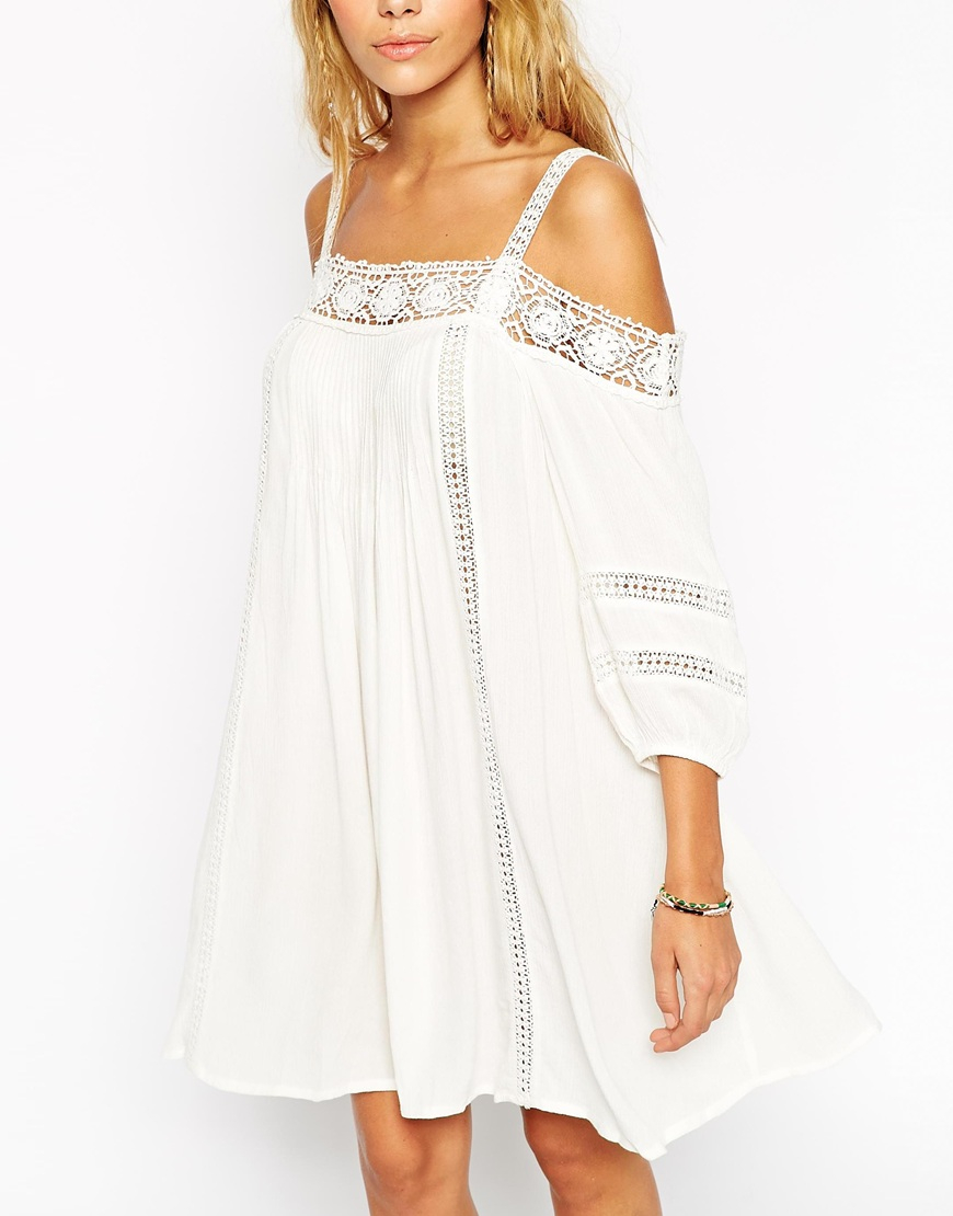 ASOS Boho Swing Dress With Crochet Inserts And Cold Shoulder in Cream