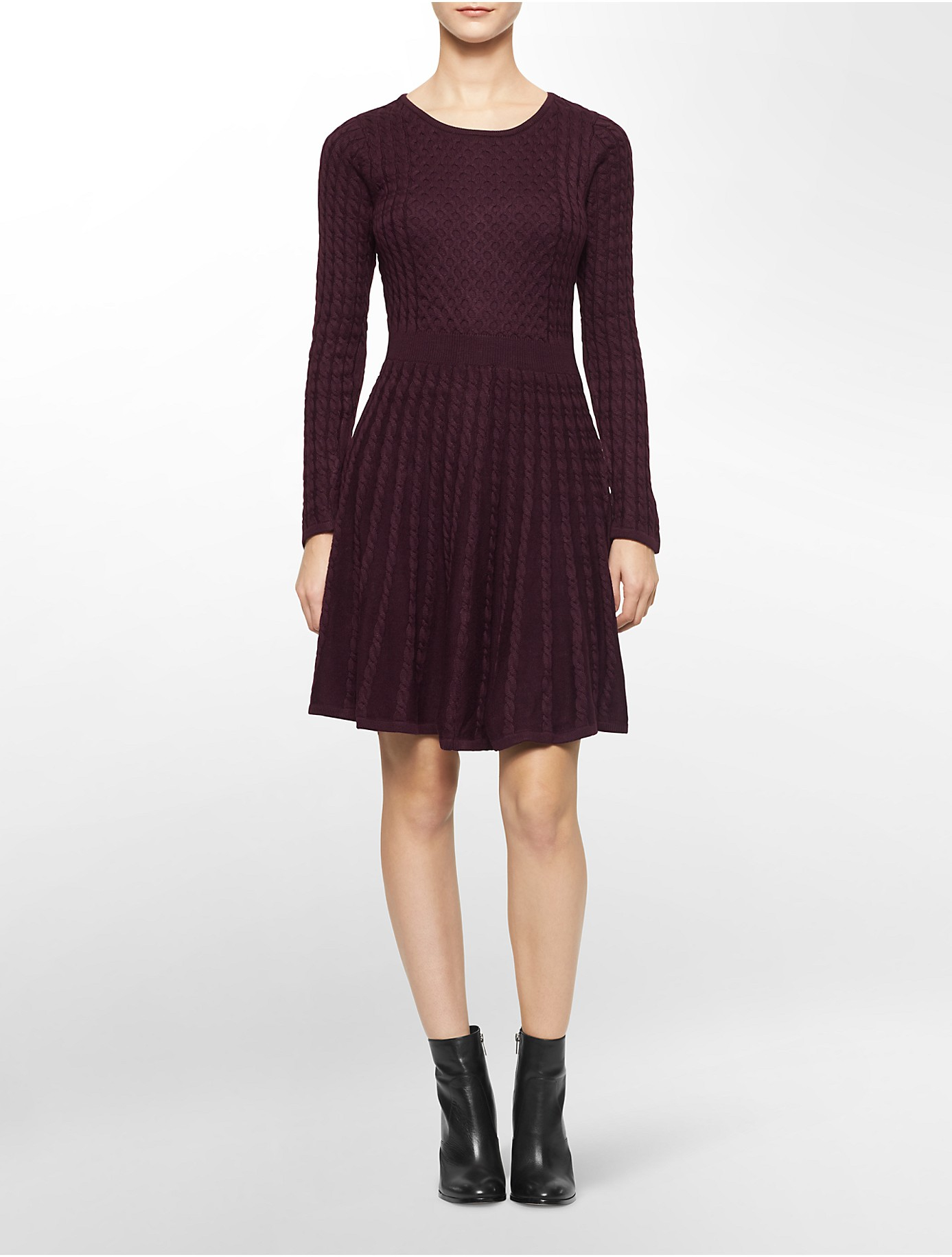 Calvin Klein White Label Cable Knit Long Sleee Fit + Flare Sweater Dress in Purple Lyst