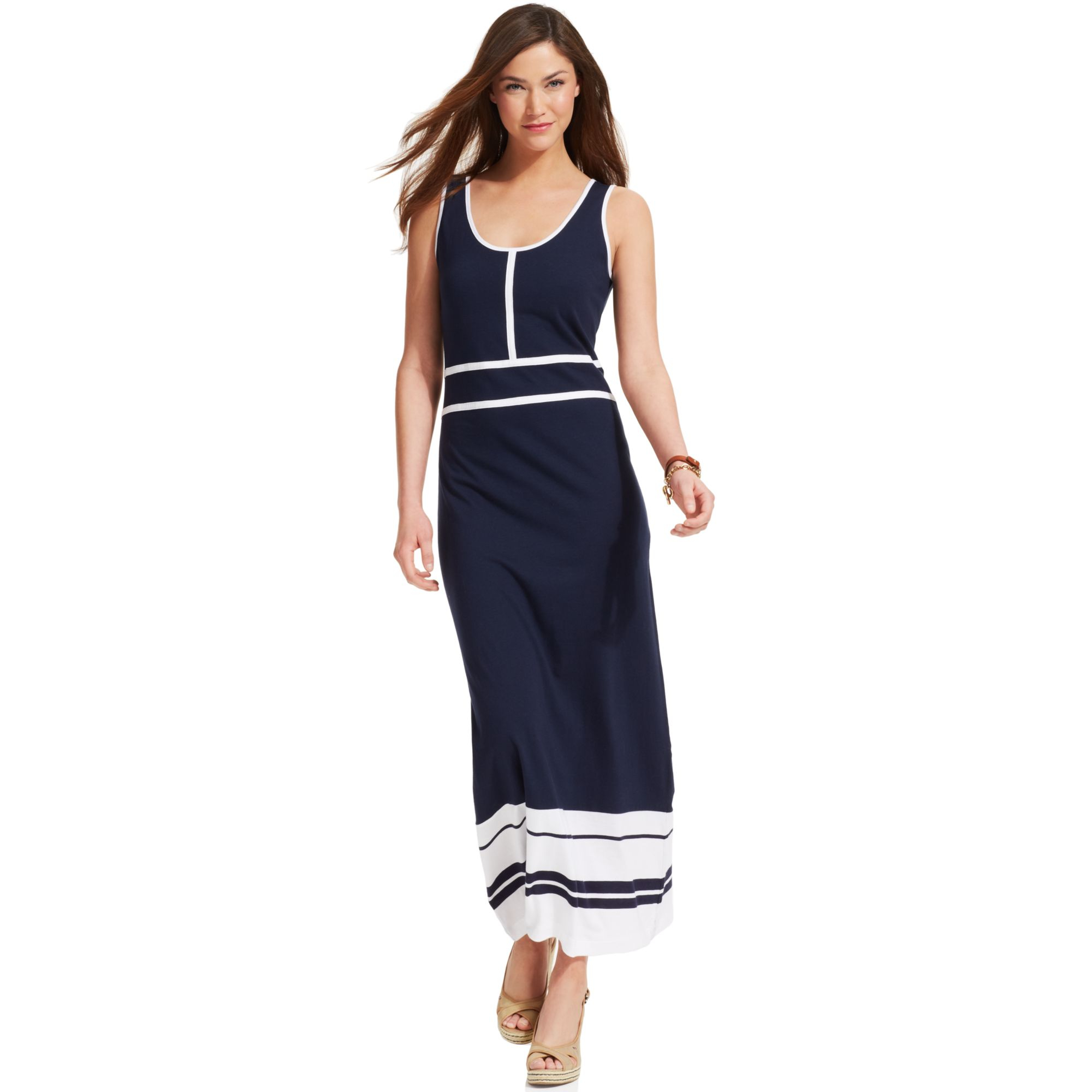 Tommy hilfiger Sleeveless Contrasttrim Colorblocked Maxi Dress in Blue