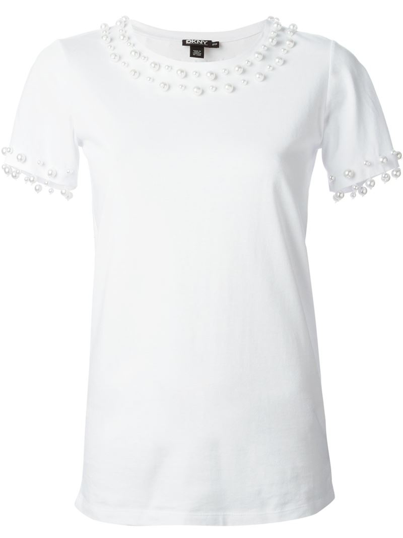 DKNY Pearl Embellished T-Shirt in White | Lyst