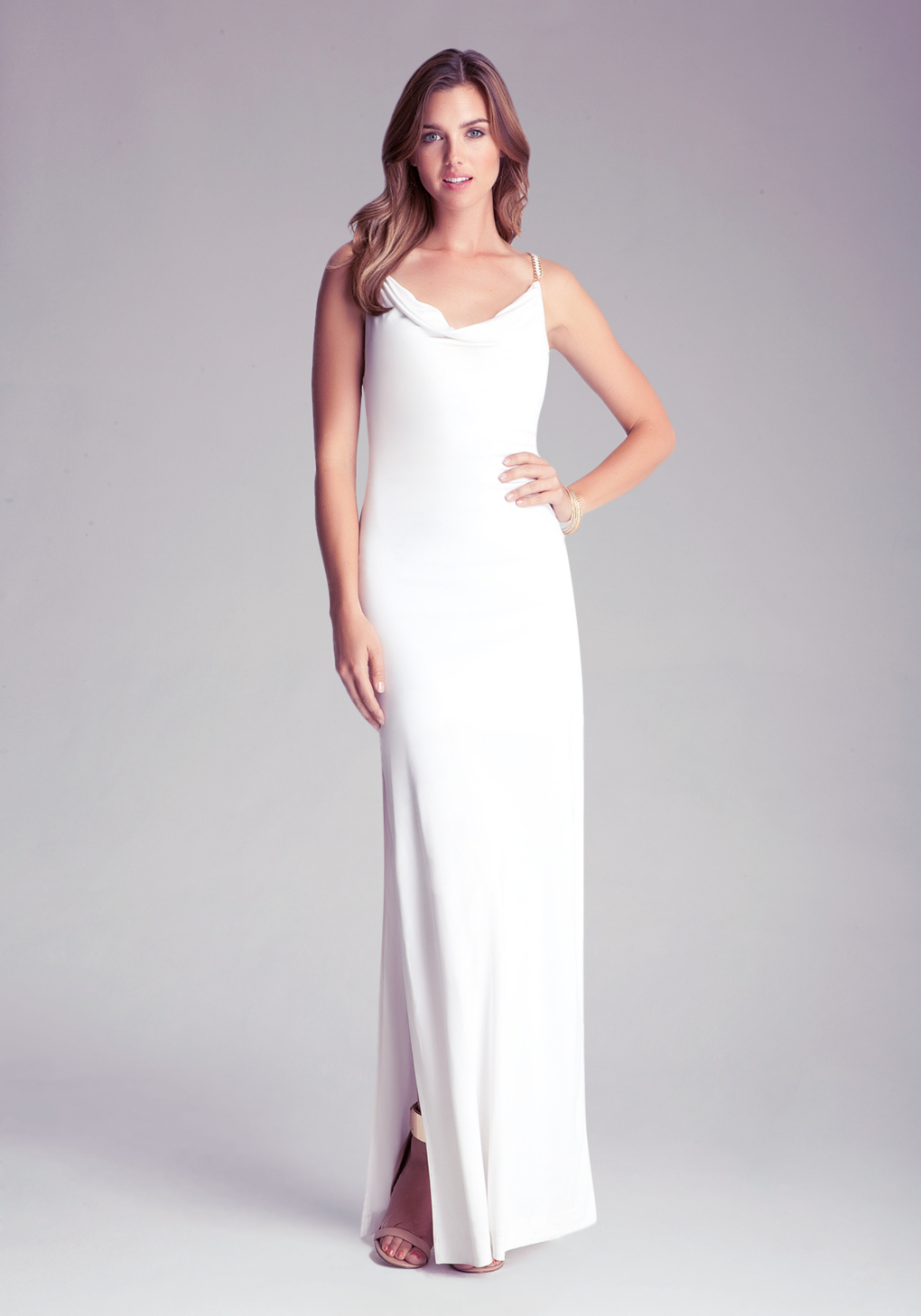 Bebe Long Cowl Neck Dress in White | Lyst