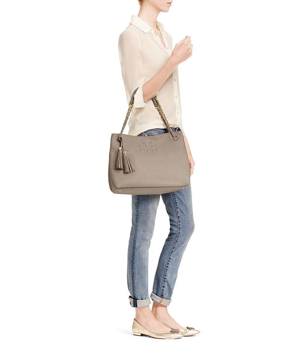 Tory Burch Leather Thea Chain Shoulder Slouchy Tote in Gray - Lyst