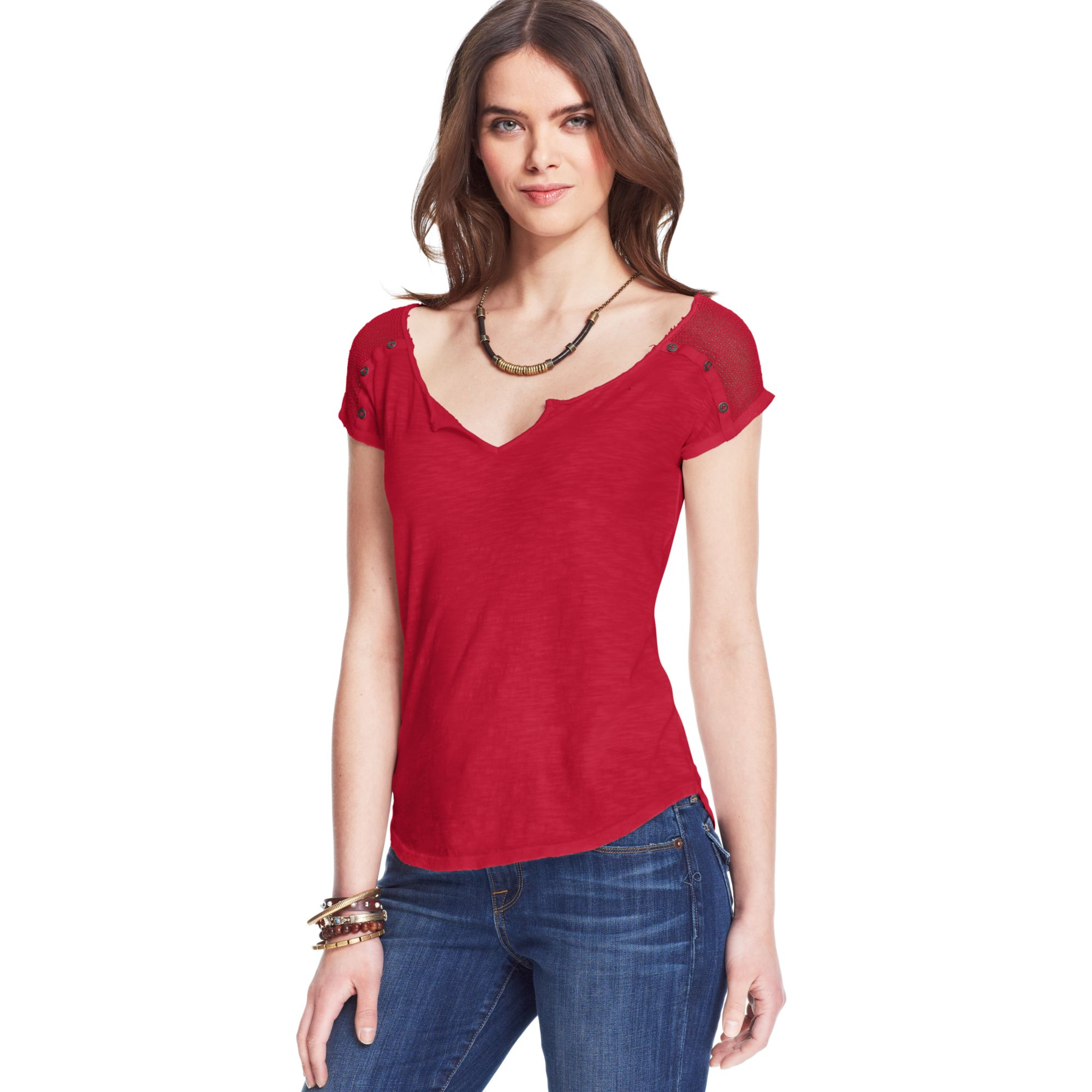 Lucky brand Lucky Brand Mesh Buttoned Top in Red Lyst