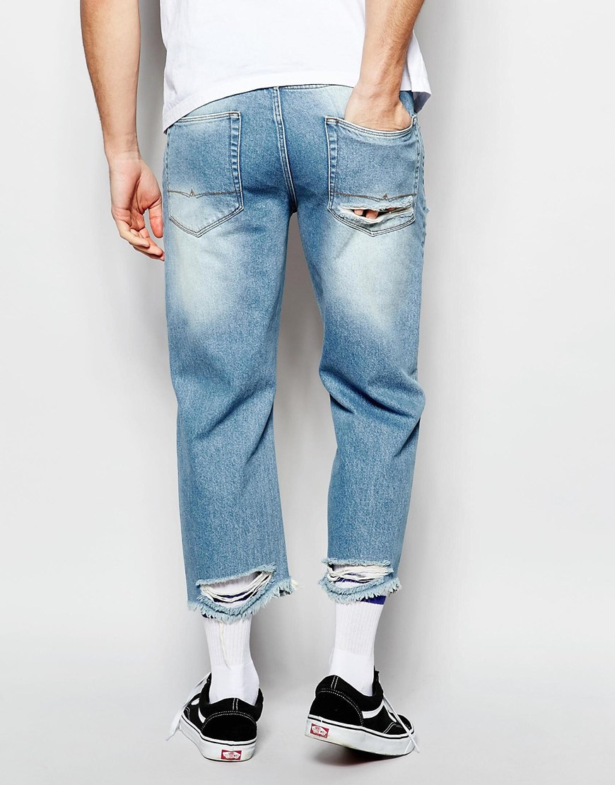 ASOS Denim Relaxed Jeans In Cropped Length With Raw Edge Hem - Light ...