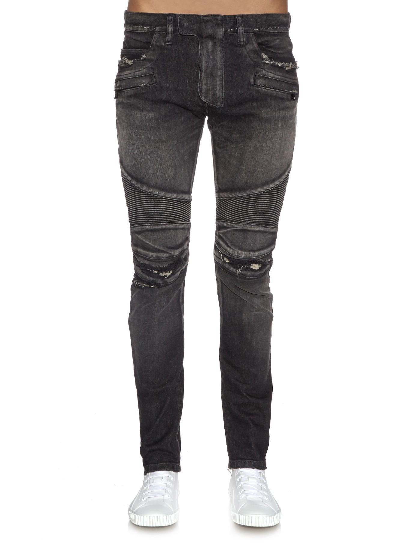 Balmain Biker Slim-Leg Distressed Jeans in Gray for Men | Lyst
