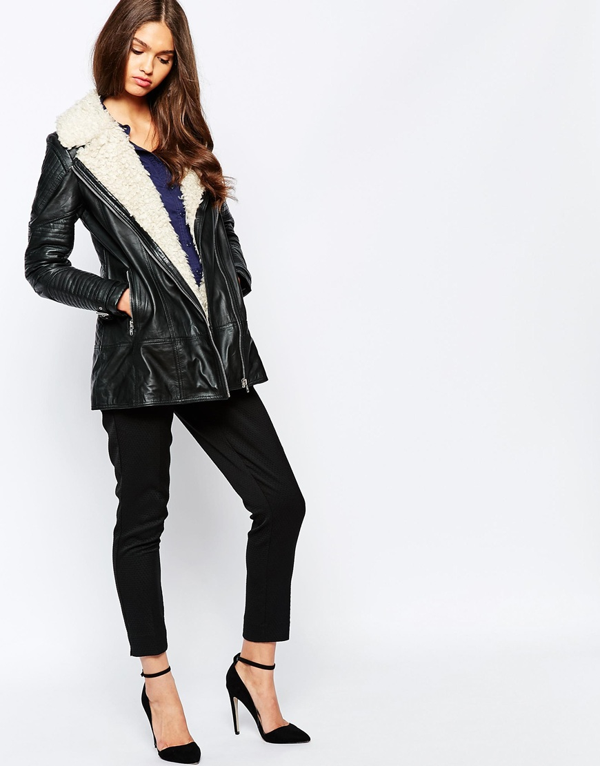 Urbancode Black Longline Leather Biker Jacket Wit Borg Trim