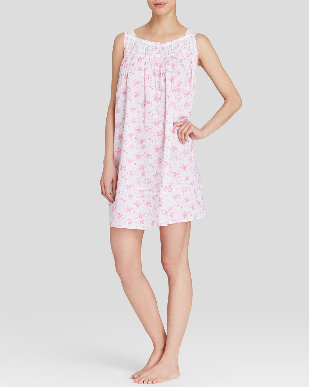 Eileen West Lawn Short Nightgown in White (White Ground/Pink Multi) Lyst