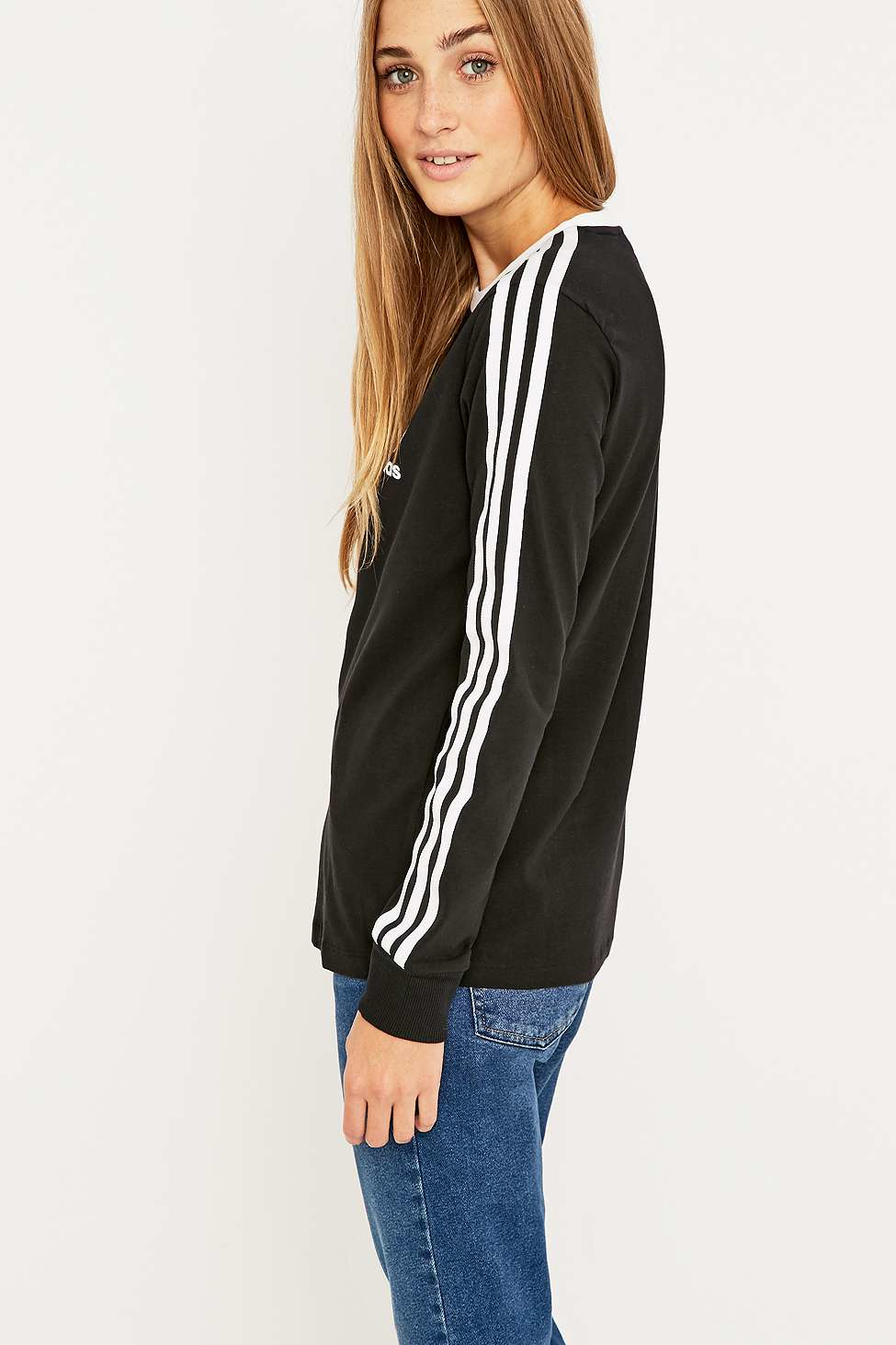 adidas Three Stripe Long Sleeve Black T-shirt - Lyst
