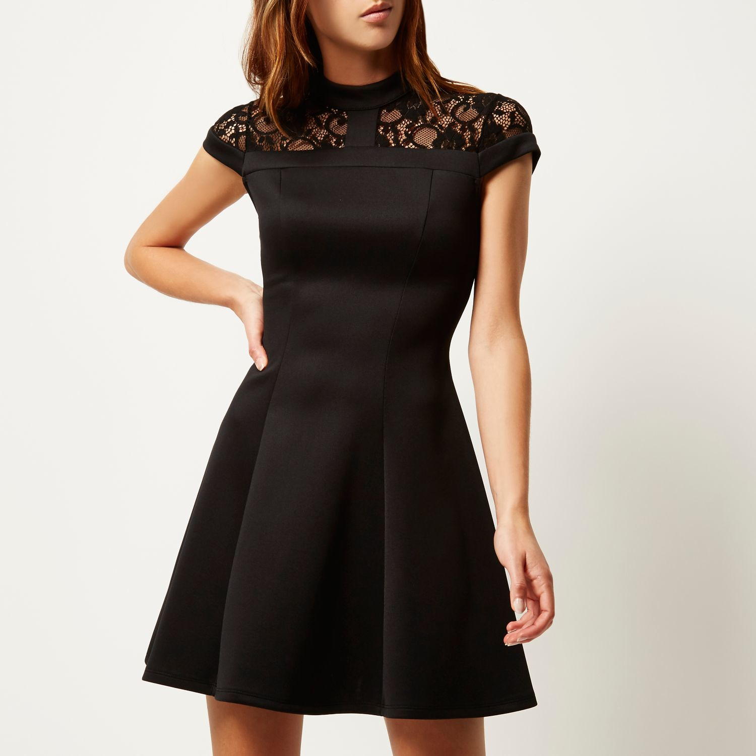 River Island Black Lace Panel Scuba Skater Dress Lyst